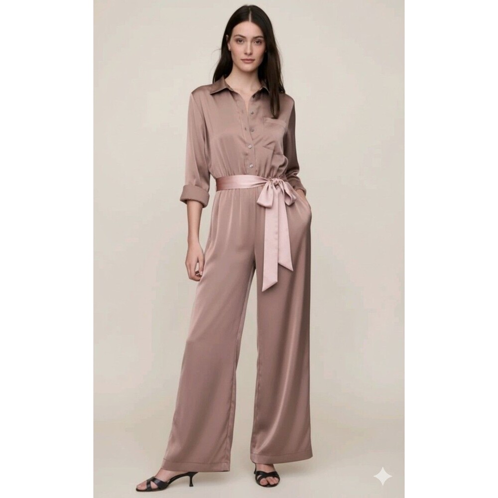 Gap Wide Leg Jumpsuit Satin Medium Long Sleeve‎ Silky Champagne Collar Button Up